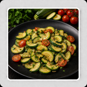 ZUCCHINE TRIFOLATE(zucchine aglio in camicia pomodorini olio evo sale e pepe)