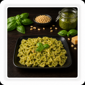 PASTA FREDDA TIPO  FARFALLE AL PESTO DI BASILICO  ( pasta di semola  basilico parmigiano pecorino pinoli olio evo)